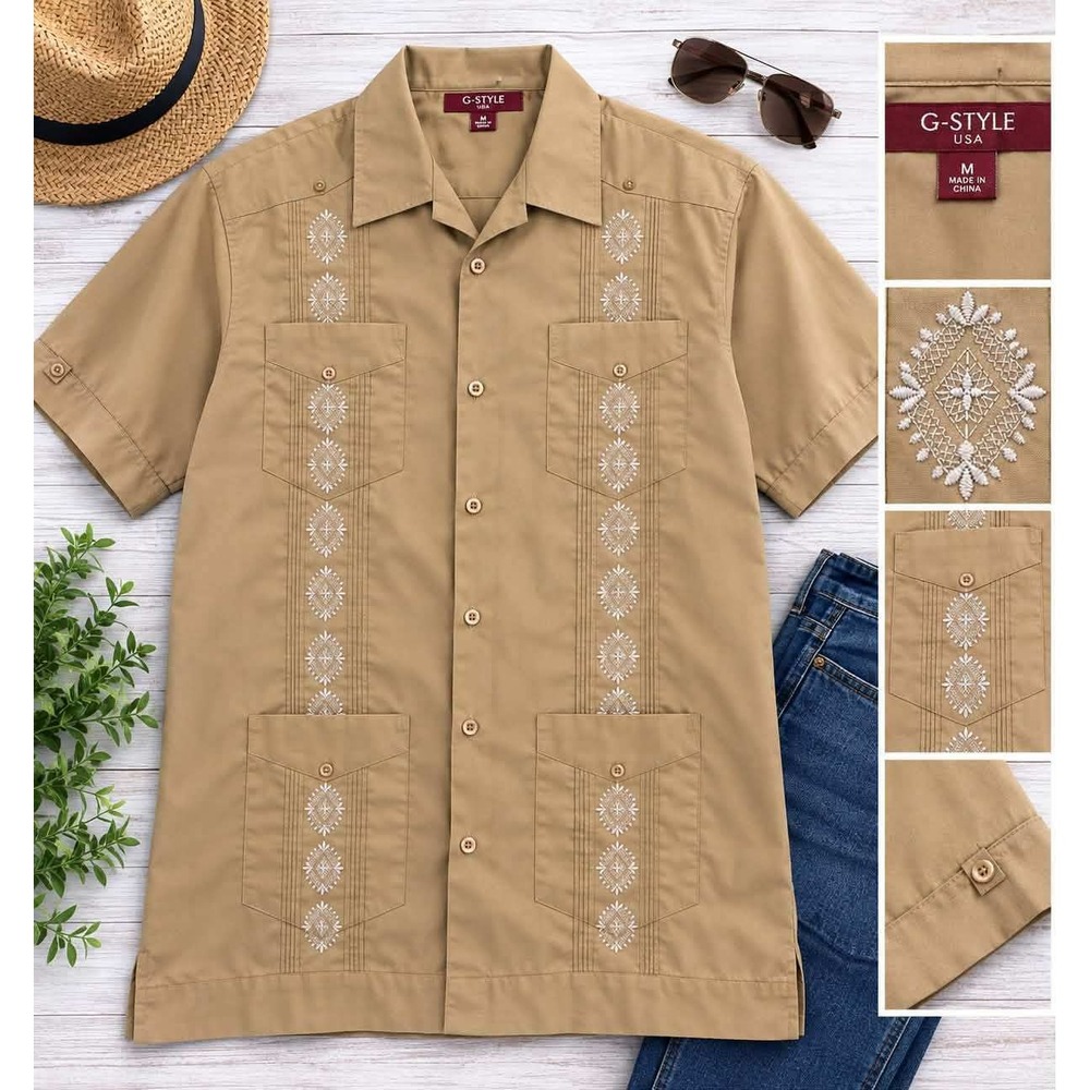 Sobrino Men's XL Guayabera Shirt Tan Embroidered 4 Pocket Short Sleeve Cuban
